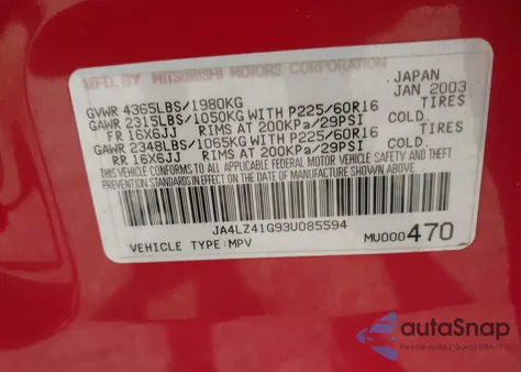 2003 Mitsubishi Outlander Xls from USA, damaged, VIN JA4LZ41G93U085594